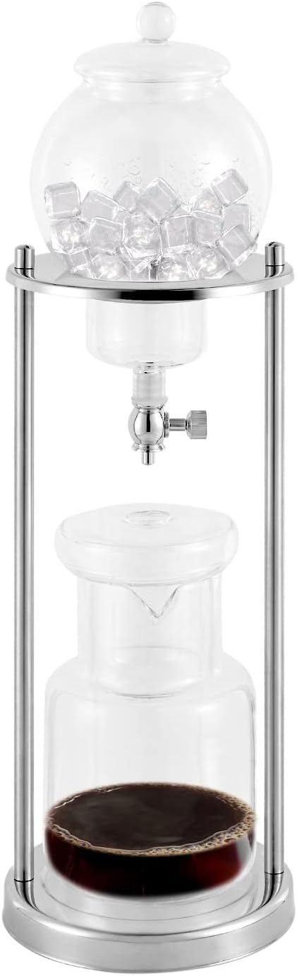 JOMCYDM 20.29 Oz Ice Dripper Coffee Maker, Cold Brew Coffee Tower, Ice Drip Coffee Maker for Coffee Shop for Bars, Clubs, Parties,6-8 cup (Silver)