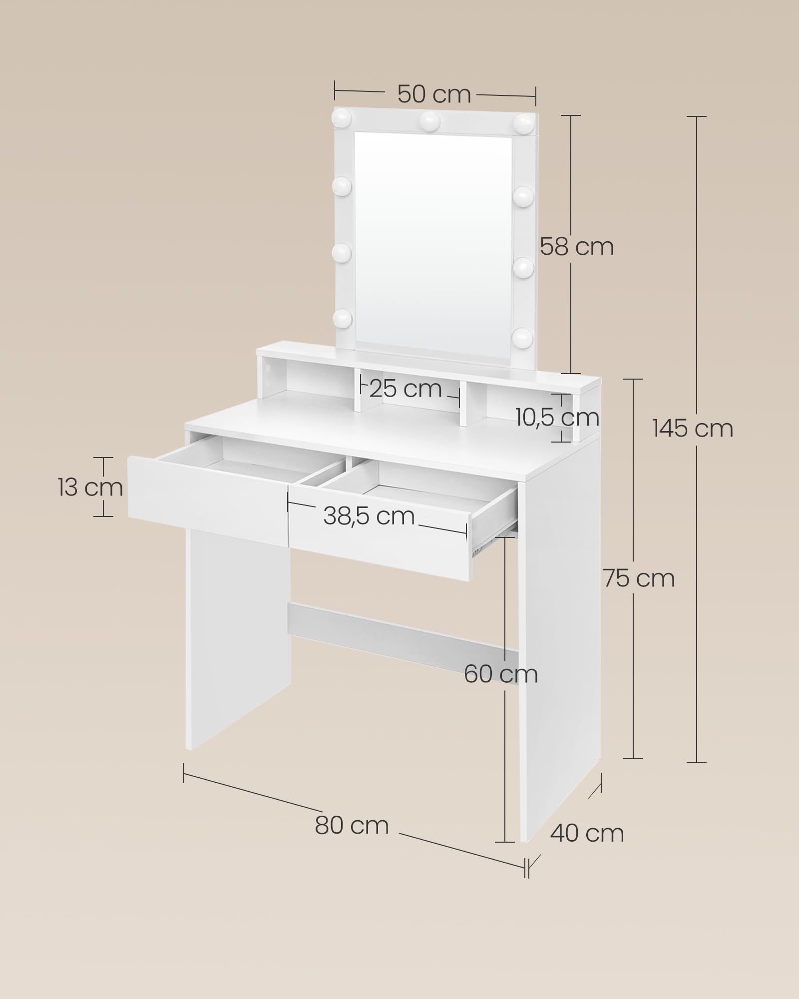 VASAGLE Kailyn Collection - Coiffeuse, Miroir LED, Éclairage 3 Couleurs Réglable, Table de Maquillage avec Miroir, 2 Tiroirs et 3 Compartiments, Coin Beauté, Style Moderne, Blanc RDT114WB01