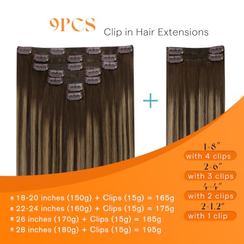 Image of Sunny Hair Clip in Hair Extensions Real Human Hair Brown Balayage 180g | 24 Inch Real Human Hair Clip in Extensions Brown Balayage Caramel Blonde for Photo Ready Hair and Long Flowing Hair