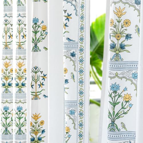 Image of Tranquebar Curtain Co. Cotton Curtains 9 Feet Long Set of 2, 60-65% Room Darkening, Blue Ethnic Curtains Floral Print, Door Curtains 9 Feet Set of 2, with Eyelets, Sashi (274 cm) - Set of 2