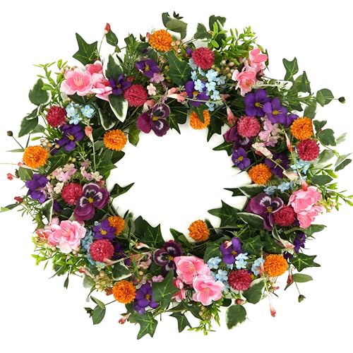 WreathDream Spring Summer Wreaths for Front Door Pansy Wreath with Pink Cherry...