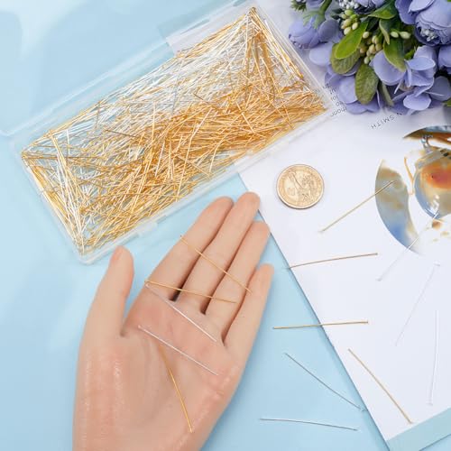 SOFPLATE 1 Box 600Pcs 50mm Gold Silver Straight Pins Bulk Flat Headpins Long Jewellery Pin Findings for Jewellery Making Accessories DIY Dangle Earrings Crafts Women Supplies - Image 3