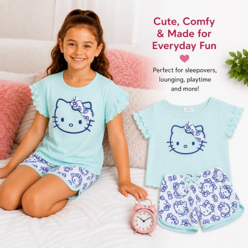 Image of Hello Kitty Girls Short Set - 2 Piece Short Sleeve Graphic Tee and Shorts Clothing Outfits (Sizes: 2T-12)