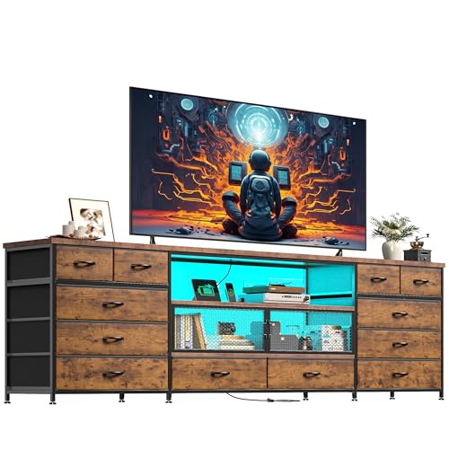 Image of EnHomee 71 inch Long TV Stand for 85 /80 /75 inch TVs with LED,Power Strip,12 Drawers | Rustic Brown Entertainment Center with Open Wooden Shelf, Spacious Storage,Sturdy Metal Frame for Bedroom Living Room