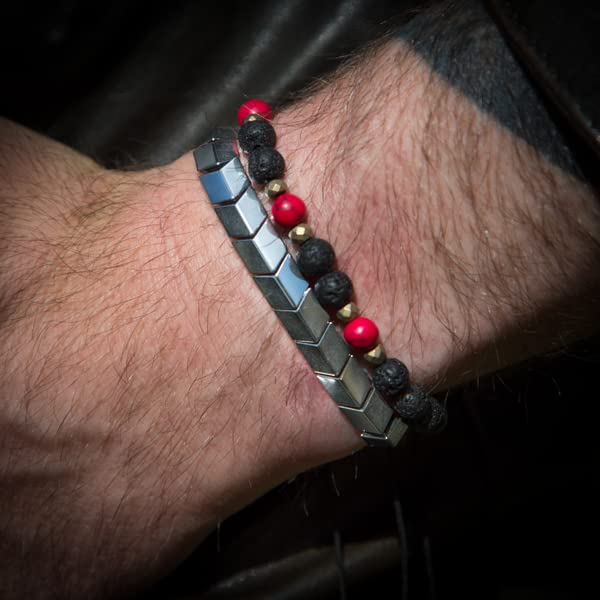 4. Bild von Perlenarmband Herren und Damen "Aegean Mythos", Lavaarmband handgemacht in Deutschland, Vulkanlava mit Onyx-Stein, verstellbar mit Makramee (Large (⌀ 6mm), Rot (roter Türkis)) Large (⌀ 6mm)
