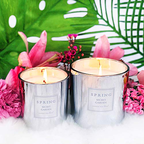 Spring Secret Garden Scented Candle | Natural Coconut Wax Blend | Fragrance Made In France | Spa & Aromatic Candle | Luxurious Sensual Fragrance | Hand Poured Into A Silver Round Jar, 8.5 Oz #TOP1