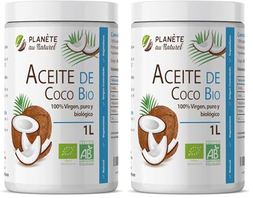 Aceite de Coco Virgen Orgánico 1 L - PRENSADO EN FRIO - Ideal para Cocinar - Ingredientes Naturales - Virgen Extra - Hidrata Piel y Cabello - Apto para Veganos (Paquete de 2)