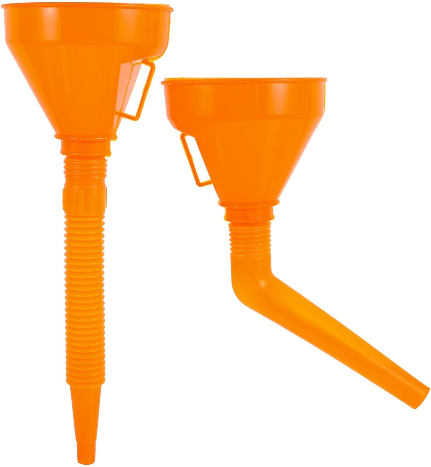 Automotive Funnels, 2Pcs Orange Wide Mouth Oil Funnel, Right Angle Funnel, No- Spill Plastic Long Neck Oil Funnel Extension, for Cars Motorcycles Engine Oil Kerosene Gasoline Gas Fuel