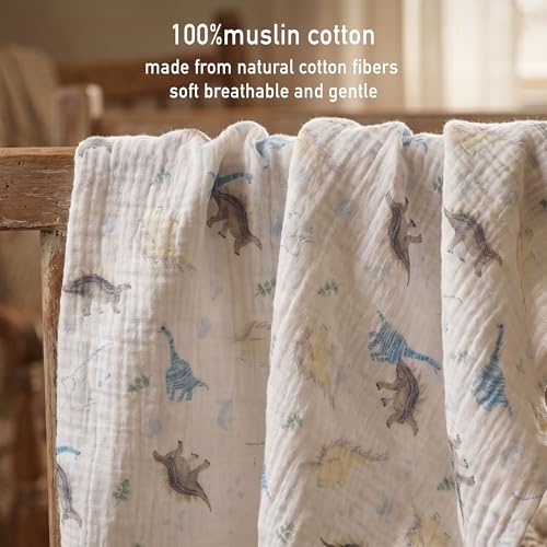 Image of Muslin Receiving Blankets, Neutral Blanket Swaddling for Newborn Boys and Girls, 5 Pack Breathable and Skin-Friendly Swaddle Wrap for Infant Baby (Blue Dinosaur)