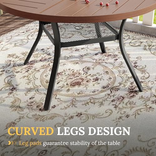 Image of VICLLAX Round Patio Table with Adjustable Umbrella Hole for 6, All Weather Metal Outdoor Dining Table for Lawn Garden, 47.2 inch Outdoor Coffee Table, Walnut Wood-Like Tabletop