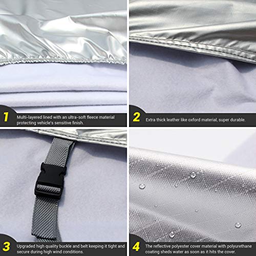 Image of Tecoom Heavy Duty Multiple Layers Car Cover All Weather Waterproof Windproof Reflective Snow Sun Rain Protective Outdoor with Buckles and Belt Fit 191-200 Inches Sedan