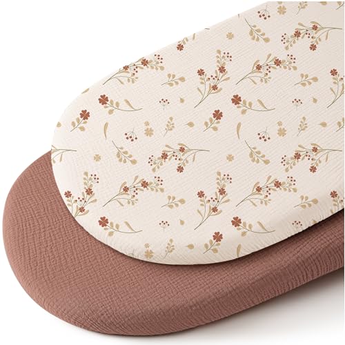 Image of Konssy Muslin Bassinet Sheets for Baby Girl Boy, 2 Pack Soft Breathable Baby Bassinet Mattress Sheets Fit for Hourglass Oval Cradle, Moses Basket Rectangle Mattress (Chestnut, Posy)