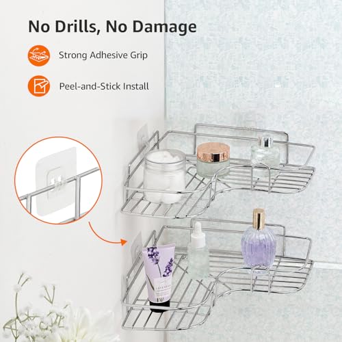 Image of Amazon Basics Self-Adhesive Corner Shelf | No-Drill, Wall-Mounted Organizer for Bathroom, Kitchen & Living Room - Premium Rust Proof GI Metal, 27 x 27 x 6 cm, Chrome, Pack of 2