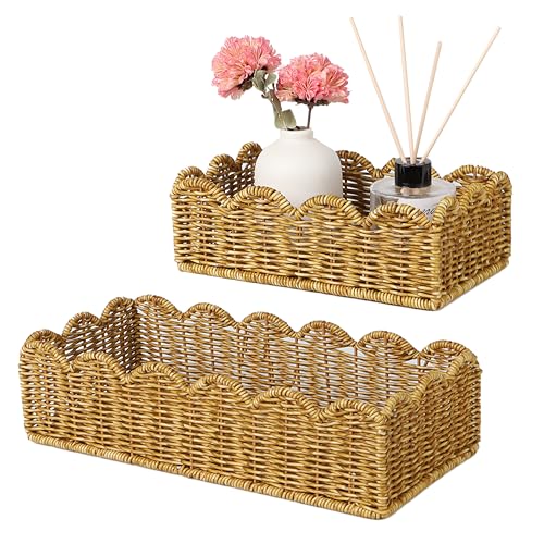 Image of Scalloped Toilet Paper Basket - Resin Wicker Water-Resistant Storage Toilet Tank Topper Boho Style Set of 2