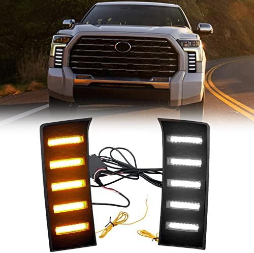 HIGH FLYING for Toyota Tundra 2022 2023 2024 2025 2026 Car Accessories Front Fog Lights LED White DRL Daytime Running Light with Amber Turn Signal A Set (Not fit Capstone Hybrid)