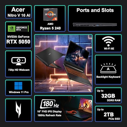 Nitro V 16 AI Gaming Laptop 16" WUXGA IPS 180Hz AMD 6-core Ryzen 5 240 16GB DDR5 512GB SSD GeForce RTX 5050 (fino a 421 AI Top) Retroilluminato Wi-Fi6E Type-C Win11Pro w/ICP Hub - Notebook - Immagine 2