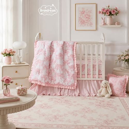 Image of Brandream Baby Crib Sheets for Girls Boys, Super Soft 100% Organic Cotton Baby Sheet French Country Pink Cottagecore Floral Print Fitted Crib Sheet for Standard Crib and Toddler Mattress