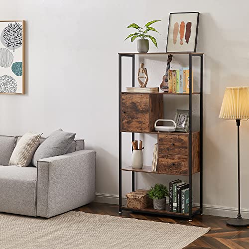 Vecelo 4-Tier Book Case Storage Bookshelf With Rack Shelves And Drawers For Living Room, Home Office, Library, Multifunctional, Brown And Black #TOP4
