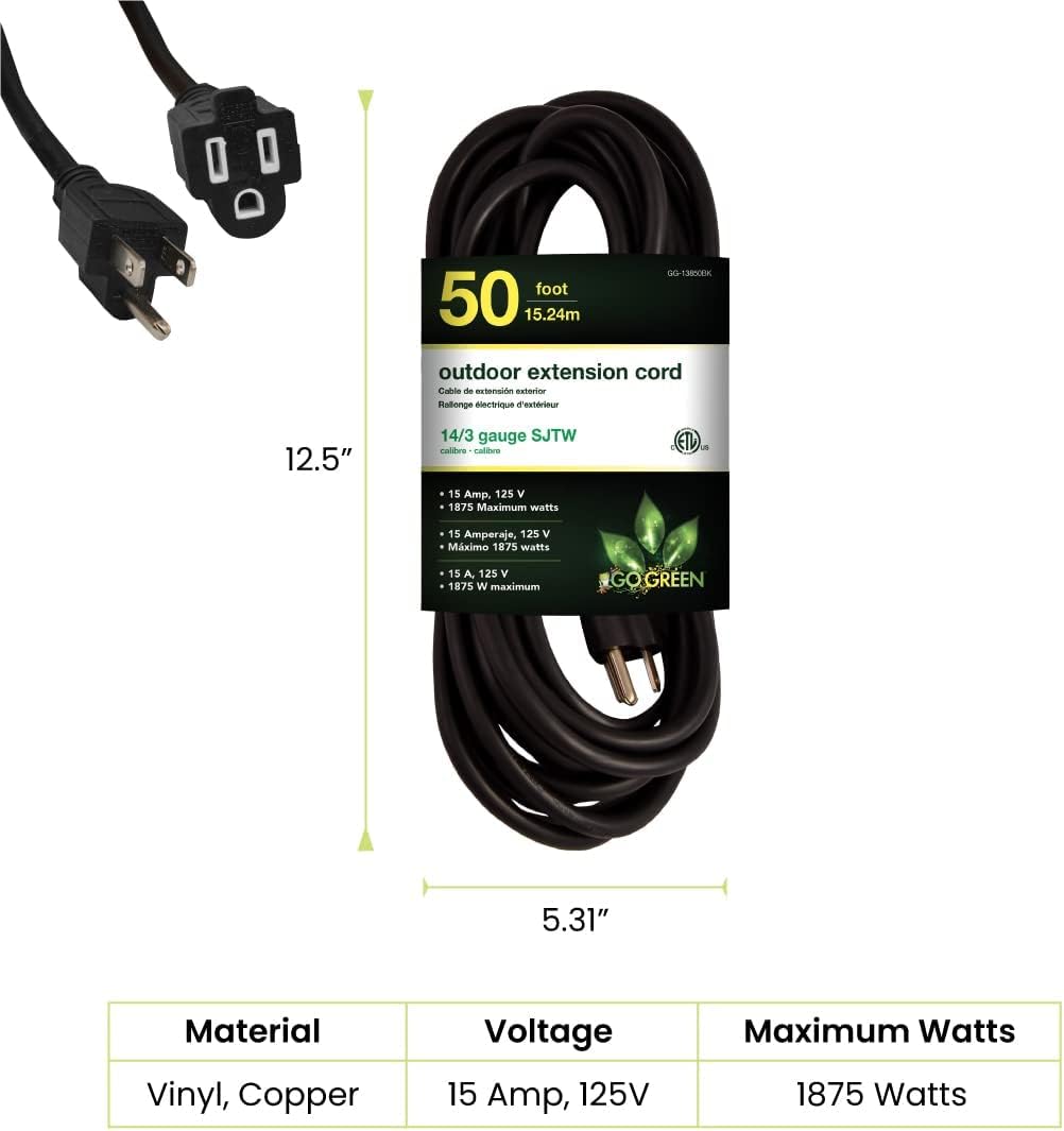 Go Green Power Inc. 50ft Outdoor Extension Cord, Black, Pack of 8-14/3 SJTW, Contractor Grade, Durable, and Moisture Resistant
