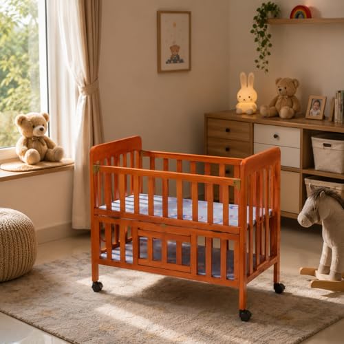 Image of Arcedo Crest Wooden Baby Cot | Rocker Function, 3-Level Adjustable Height, Bedside Sleeper, Lockable Wheels, Mosquito Net & Storage Shelf | Portable Baby Bed Crib for 0-4 Years (White)