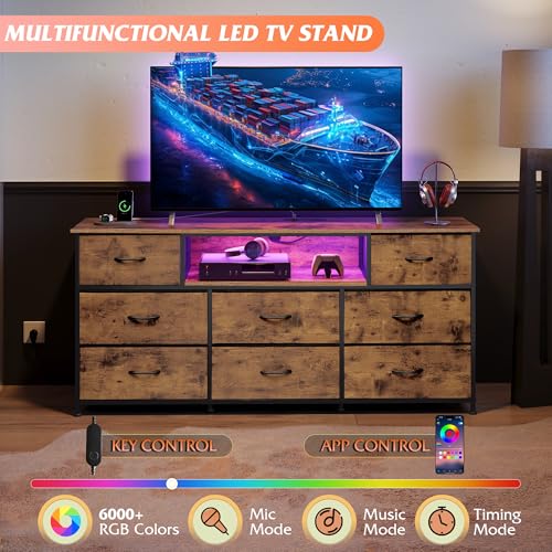 Image of WLIVE LED Dresser TV Stand for 65 Inch TV, 8 Drawers, Rustic Brown