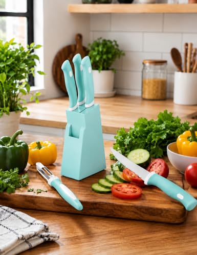 Image of 5-Piece Kitchen Knife Set with Stand, Stainless Steel Blades, Includes Peeler, 14x9x4 cm Block Multicolour