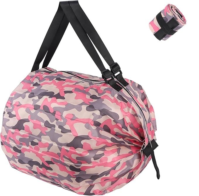 Guerity Foldable Shopping Bags, Folding Tote Bags with Zipper, Reusable Grocery Beach Bags for Women, Washable, Large Capacity, for Shopping Travel Outdoors Camping (Pink)