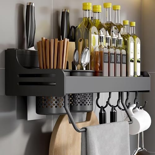 ZOKT Spice Rack Wall Mounted, Spice Holder, Kitchen Wall Storage, Kitchen Utensils Holder Wall Mounted, Wall Mounted Spice Racks for Kitchen, Black, 40cm