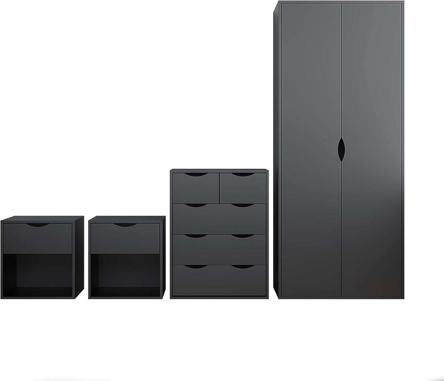 AFN Delvito 4 Piece Bedroom Furniture Set - Includes Wardrobe, 5 Drawer Chest, Bedside Cabinet (Black MATT on Black)
