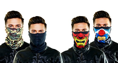 Seamless Outdoor Face/Ski Mask Bandanna Breathable, Dust Proof - Great for Skiing, Snowboarding, Motorcycle, Bicycle, Running, Camping, Hiking (4 PACK, Plain Black, Angry Clown, Warchild, Army)
