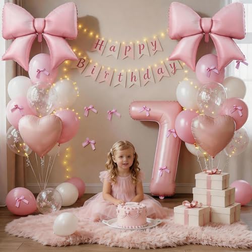 Image of 7th Birthday Decorations for Girl,Pink 7 Balloons for Party Decorations | 7 Year Old Birthday Decoration,Anniversary Party Decor,Pink White Balloons,Bow Print Balloons,Heart Balloons