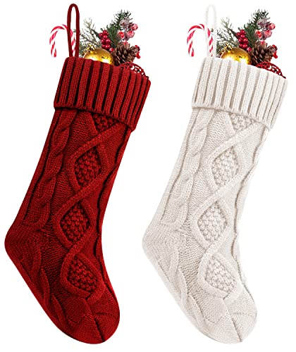 Fesciory Christmas Stockings, 2 Pack 18 Inches Cable Knitted Large Size Stocking Gifts & Decorations for Family Holiday Xmas Party, Ivory White and Burgundy