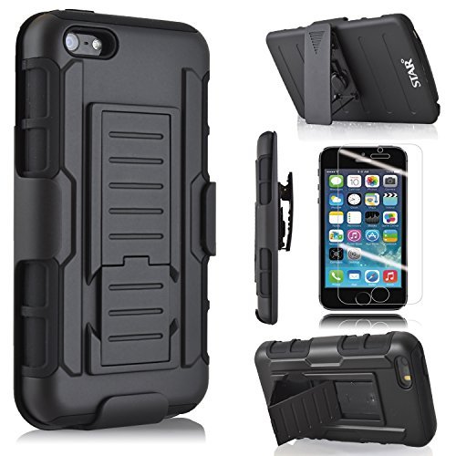 Star Armor Holster Cases Compatible for iPhone 4, iPhone 4S, Dual Layers Kickstand Phone Cover with [Premium HD Screen Protector Included] and Locking Belt Clip (Black)