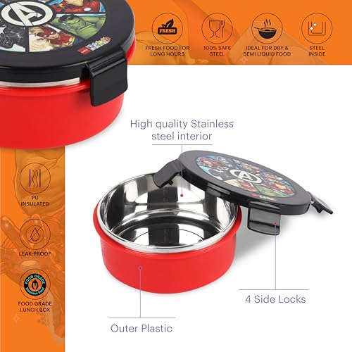 Image of CELLO Kidzbee Pluto Mighty Heroes Insulated Kids Lunch Box, Black | Silicone Food-Grade Seal Lid | 3D Touch & Feel Designs Tiffin | Leak Proof & Secure 4 Sided Click Locks | Ideal for School & Picnic