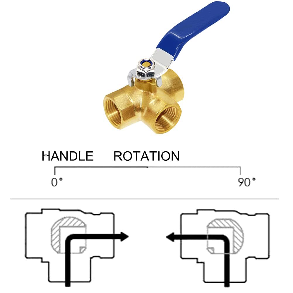 Joywayus Válvula de bola de rosca de 1/2 "G de 3 vías de cierre de puerto en L con manguera de 1/2" T en forma de T de latón de ajuste de un interruptor