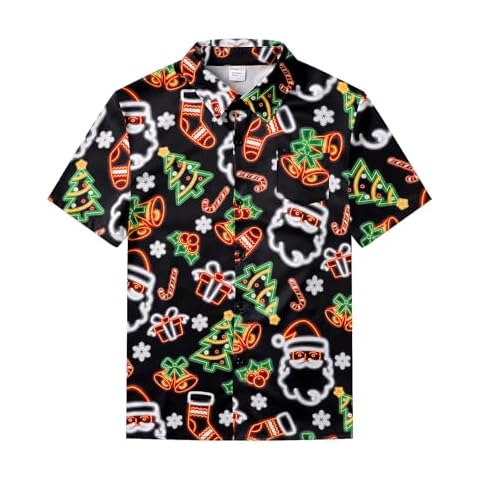 Roseelf Boy's Christmas Neon Santa Claus Printed Kids Button Down Short Sleeve Shirt, Santa Claus, Small Cover