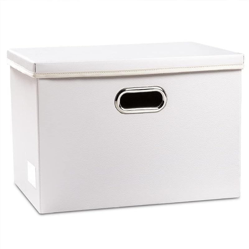 Caja de almacenamiento plegable grande con tapa [1 paquete] Caja de almacenamiento plegable de tela de cuero, organizador, cesta, cubo con cubierta para el hogar, dormitorio, armario, oficina, guardería, blanco (17,7 x 11,8 x 11,8)