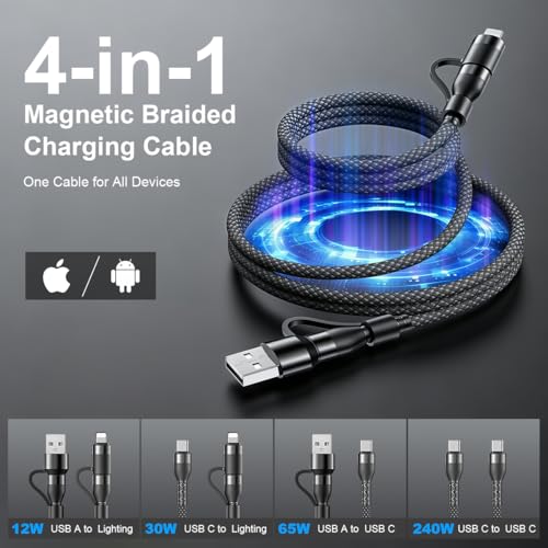 Image of Verilux 4-in-1 Magnetic USB to Type C Cable for iPhone 17 /16 /15 /14, PD 100W Type C Cable Fast Charging & 480Mbps Data Transfer with USB A & C to Lighting & C for Home, Car, Travel, Office