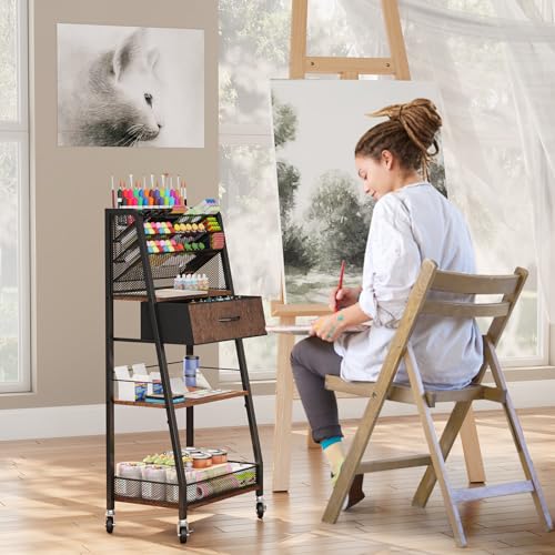 image for Homsorout 3 Tier Rolling Cart - Metal Utility Cart with Storage Drawer