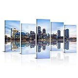 Canvbay 5 Pieces Boston City Skyline Canvas Art Wall Decor Panoramic Charles River Skyscrapers at Du