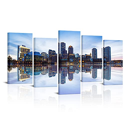 Canvbay 5 Pieces Boston City Skyline Canvas Art Wall Decor Panoramic Charles River Skyscrapers At Dusk Picture Prints Cityscape Paintings On Canvas Modern Artwork Home Decor For Living Room Framed Ready To Hang #TOP13