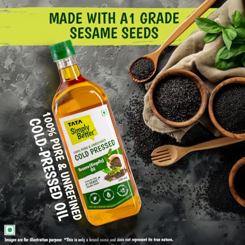 Image of Tata Simply Better Pure & Unrefined Cold Pressed Sesame(Gingelly)Oil,Naturally Cholesterol Free,500ml,Sesame Oil with Rich Aroma & Flavour of Real SesameSeeds,For Daily Cooking with Multipurpose Usage