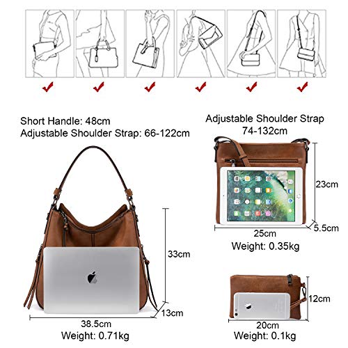 Realer Dames handtassen grote shopper lederen handtas schoudertas portemonnee hobo dames tassen set voor kantoor school winkelen reizen 3 stuks Leder, Bruin-pistool kleur ritssluiting - Image 3