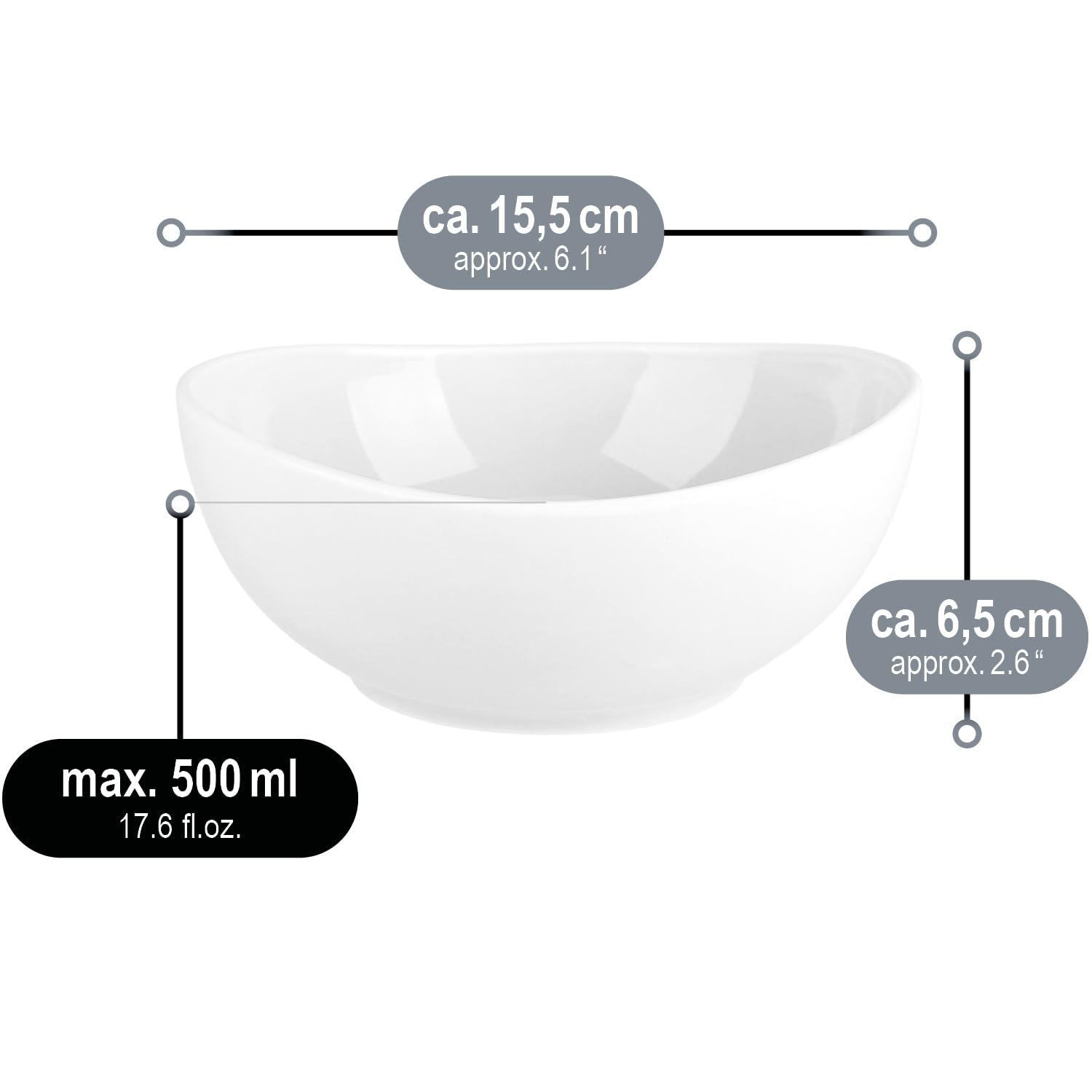 com-four® 6x ciotole in ceramica 500ml - ciotole per cereali - ciotole per dessert - ciotole per insalata - ideali per colazione, spuntini e dessert - design elegante (6 pezzi - bianco - curvo)