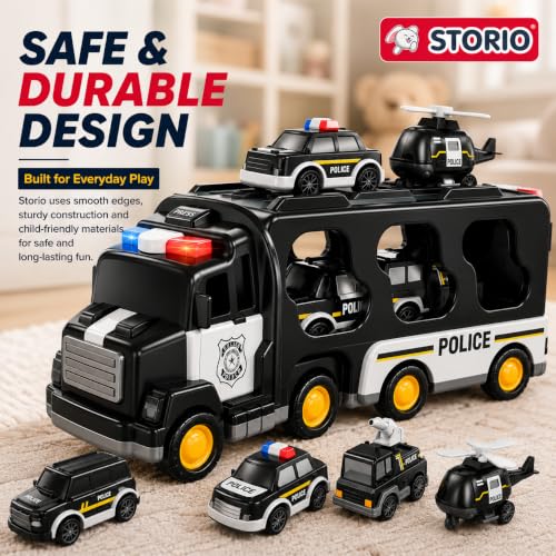 Image of Storio 5 in 1 Police Truck Toy for Kids 3-5 Years Boys | Transport Carrier Truck Set with Police Cars Helicopter Bus | Friction Powered Light Sound Toys for Toddlers 3 4 5 6 7 Years Old Gift