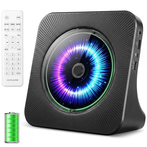 Image of CD Player Portable Bluetooth Desktop 4000mAh Rechargeable (Black) | CD Players for Home with Timer HiFi Speakers Dust Cover LCD Screen Display FM Radio 3.5mm AUX Jack Remote Control