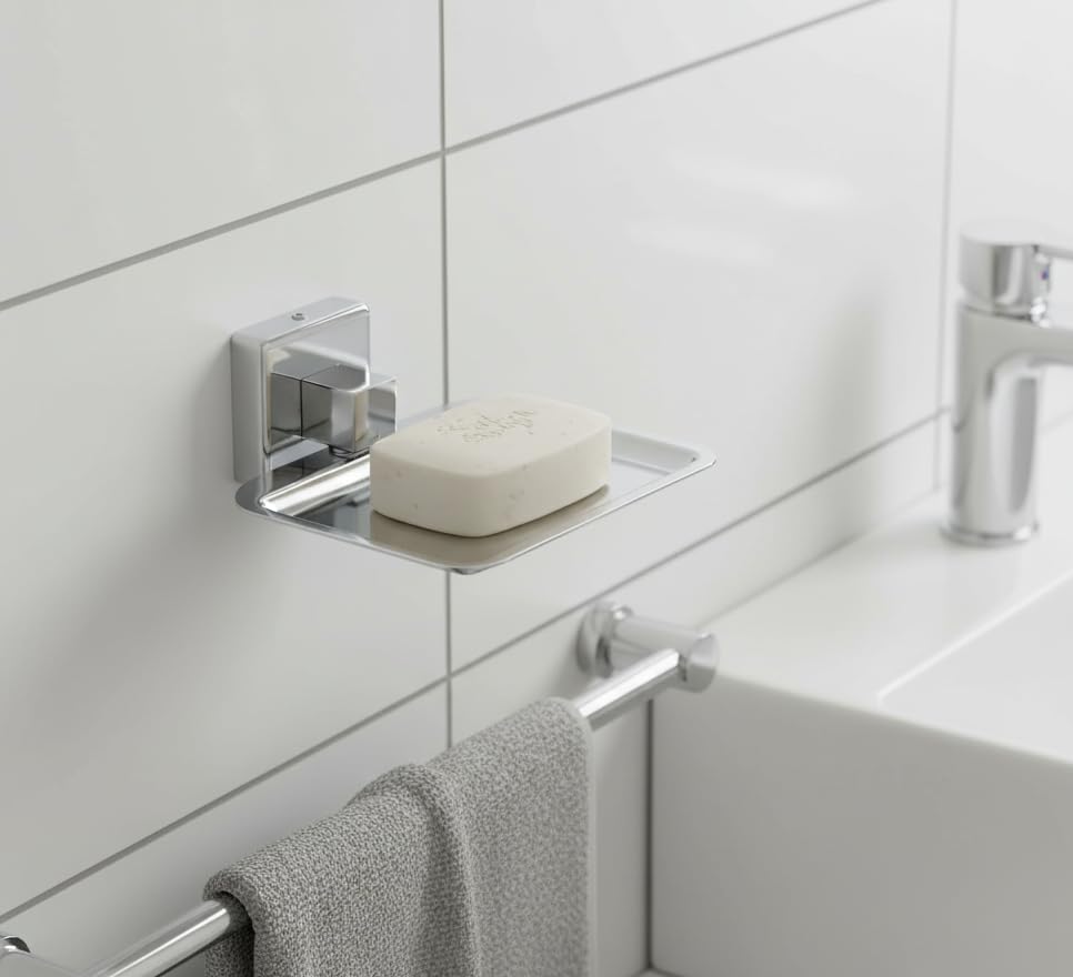 Image of Premium Stainless Steel Wall Mounted Soap Dish for Bathroom and Kitchen | Rustproof Chrome Finish Soap Holder Case with Drain Holes | Square Modern Soap Stand Bracket (Square-26 06)