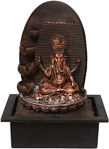 Image of Polyresin Table Top Ganesha Idol Indoor 4 Diya Steps Water Fountain for Living Room Home Decor with Yellow LED & Water Flow Controller Pump (Size:- 39 x 29.5 x 22CM | Colour: Golden Brown)