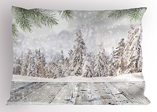 Ambesonne Winter Pillow Sham, Abstract Christmas Theme with Snow Covered Forest and Wooden Surface Image, Decorative Standard Size Printed Pillowcase, 26