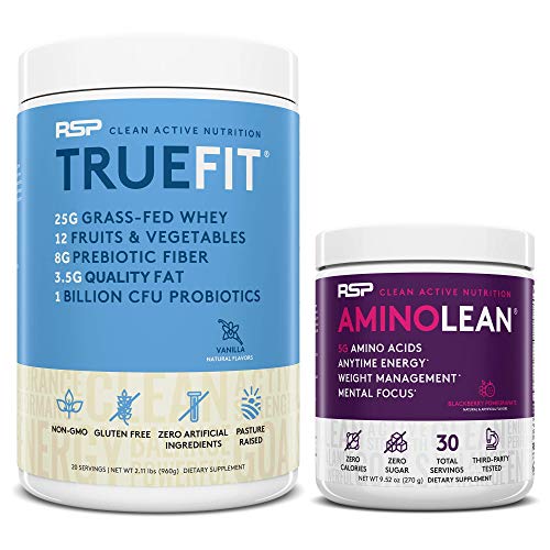 AminoLean Pre Workout Energy (BlackBerry Pomegranate 30 Servings) with TrueFit Protein Powder (Vanilla 2 LB)